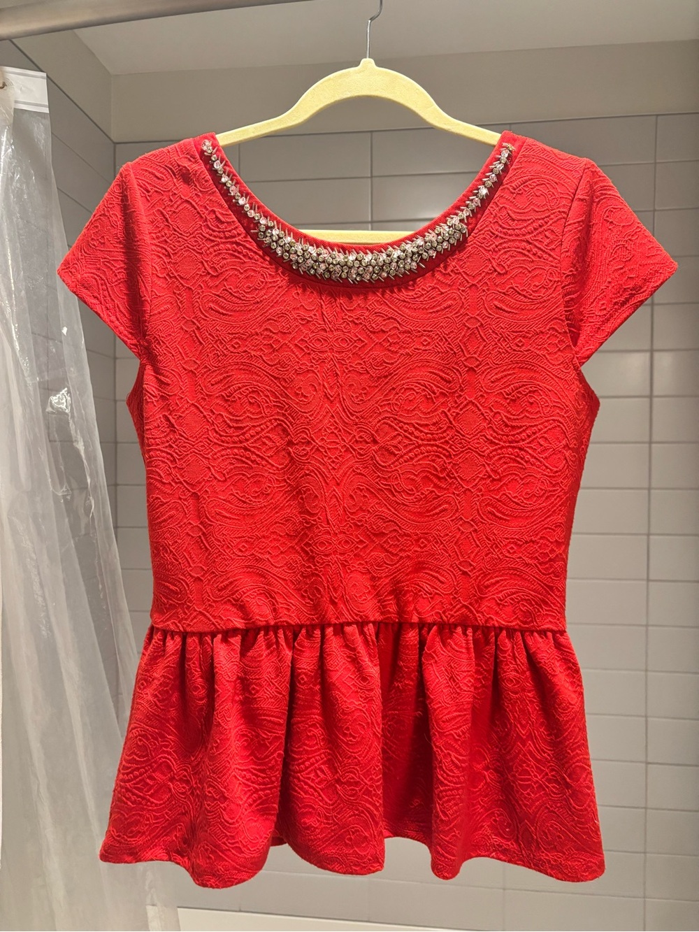 Red Jewel-Neck Peplum Top